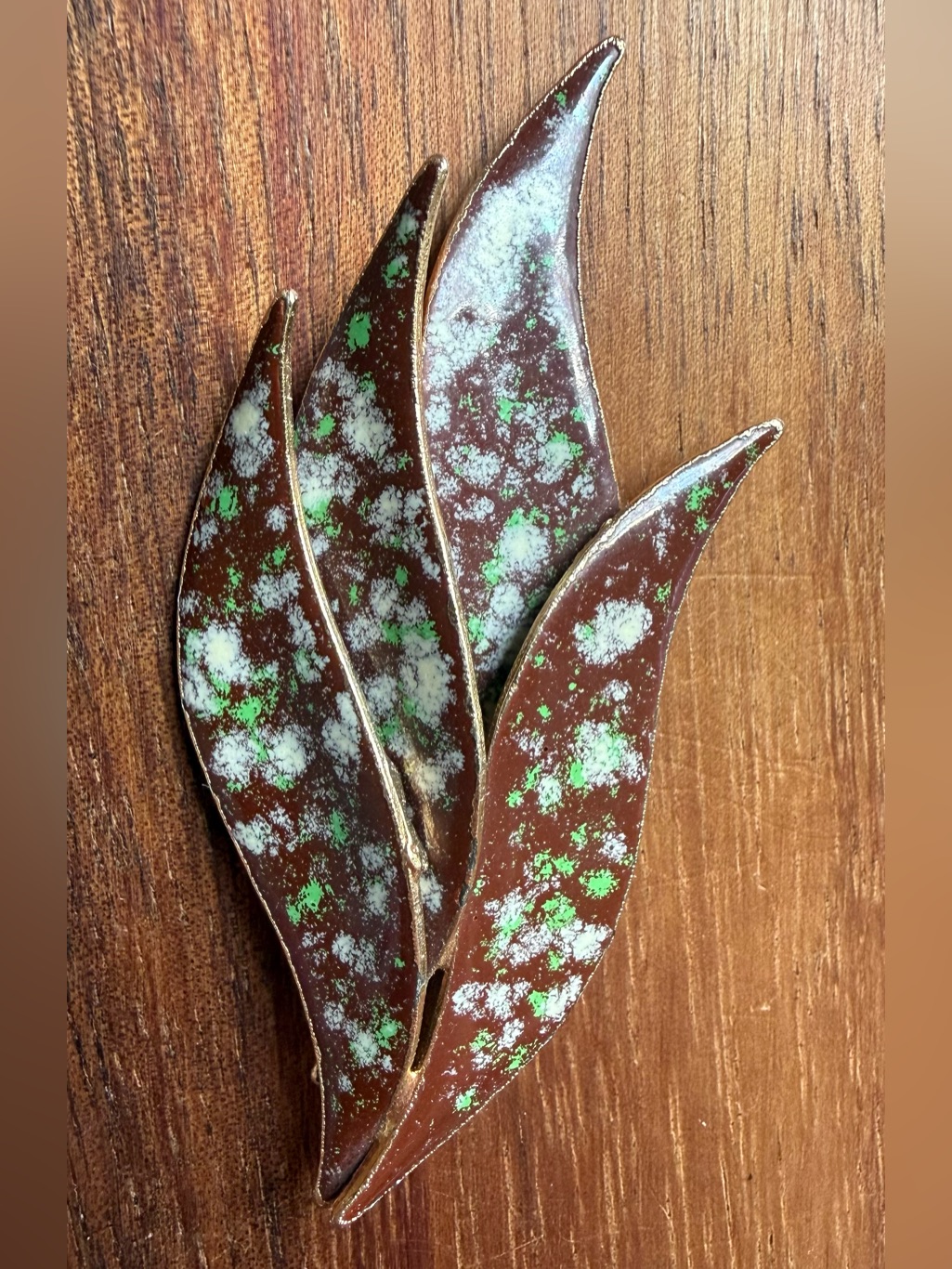 Vintage Brown, Green & White Enamel Painted Leaf Brooch Pin